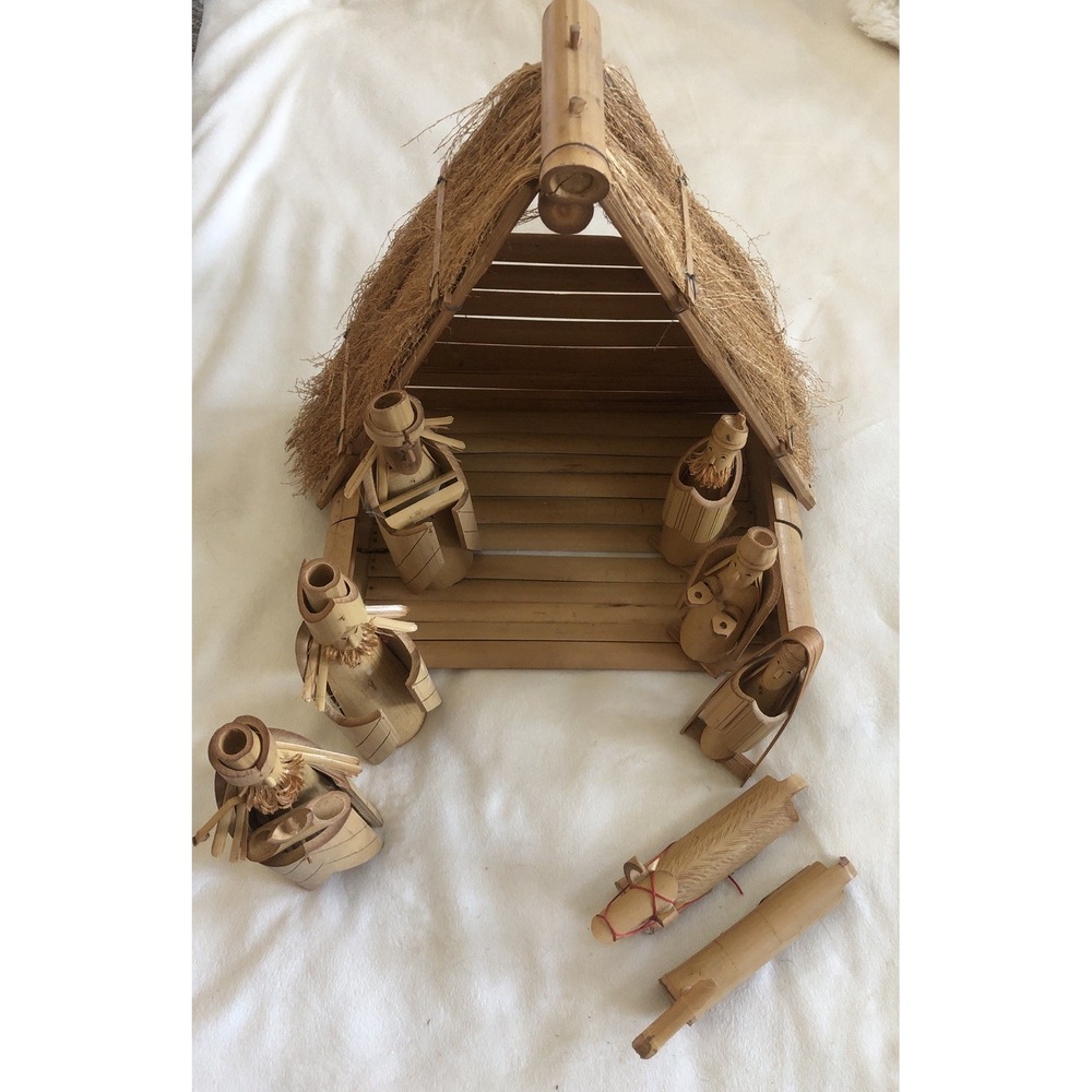 Vintage Handmade Bamboo Nativity Scene Set 9 Piece Christmas Read